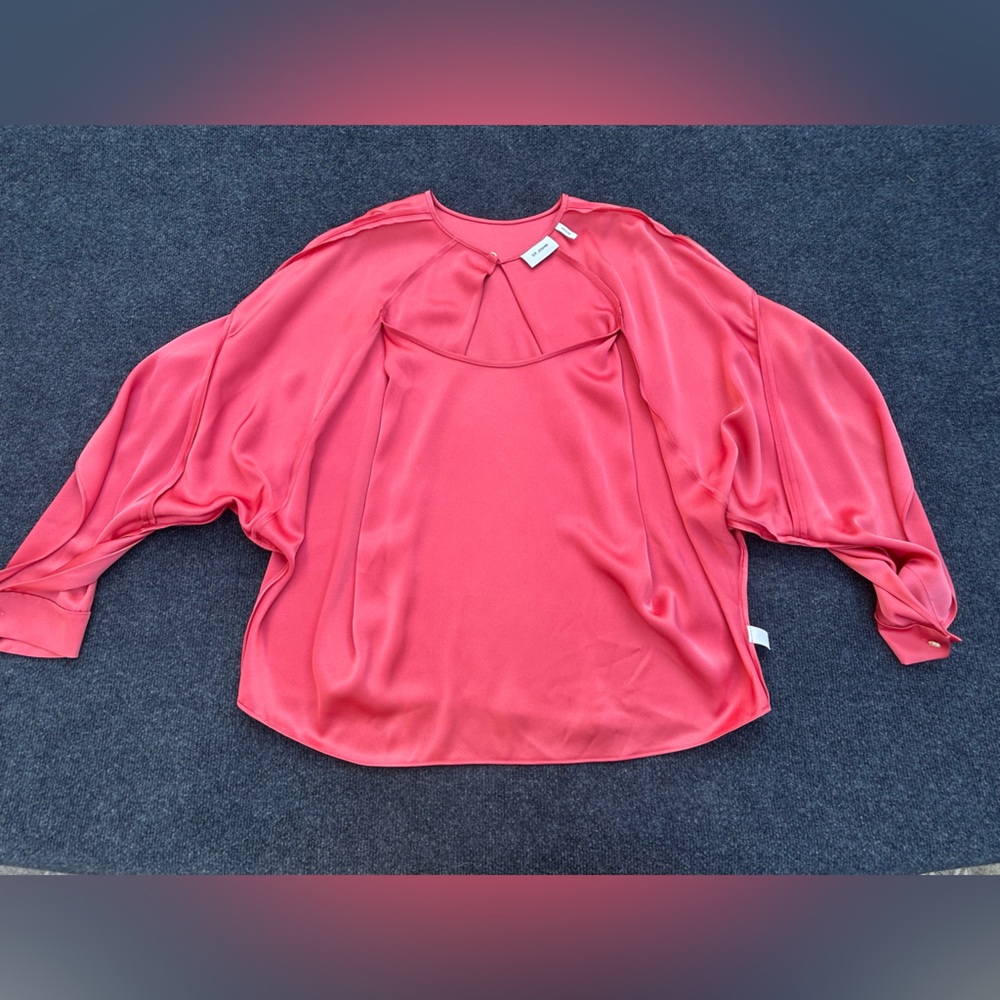 St. John Liquid Satin Blouse with Dramatic  Sleeves Crystal Buttons Coral Large - Picture 13 of 16